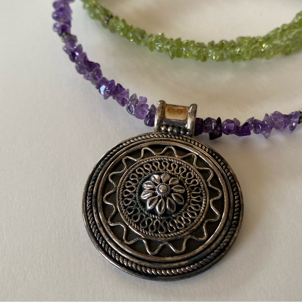 Designer Sterling Silver Set of Two Peridot Amethyst Gem Necklaces 925 Pendant